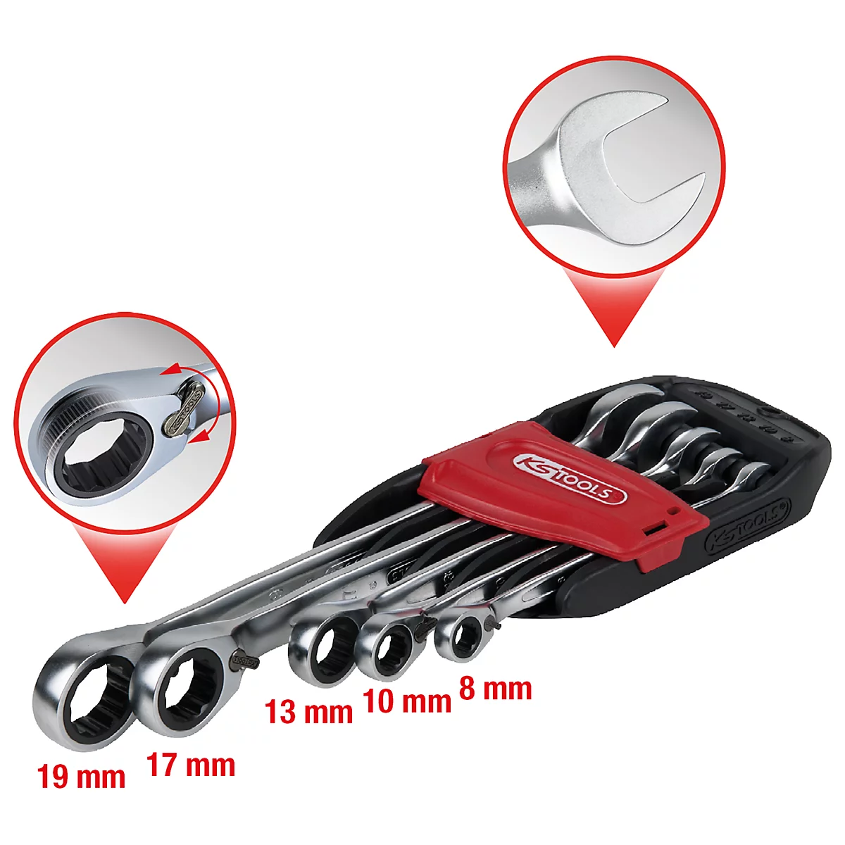 Ein Satz Ratschenschlüssel in einer schwarzen Halterung mit roter Abdeckung und Text 'KS TOOLS'.